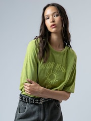 Religion Lime Green Boxy T-Shirt In Overdyed Lime With No Sun No Fun Embroidery - Image 2 of 6