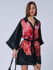 Religion Pink Tunic Shirt Dress With Kimono Sleeves in Bright Floral Print - Image 1 of 7
