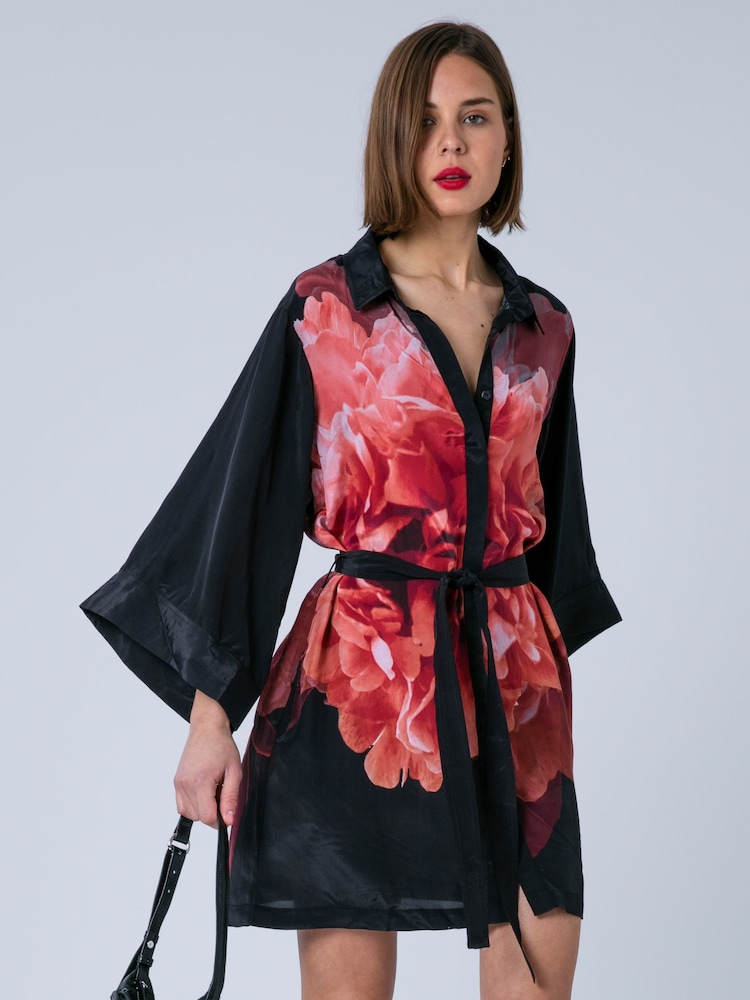Religion Pink Tunic Shirt Dress With Kimono Sleeves in Bright Floral Print - Image 1 of 7