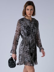Religion Dark Grey Tory Button Through Kaftan Dress With Tie Waist Belt And Frill Detailing - Image 1 of 7