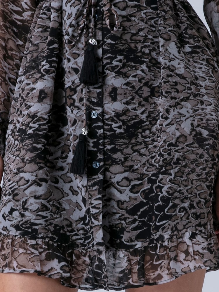 Religion Dark Grey Tory Button Through Kaftan Dress With Tie Waist Belt And Frill Detailing - Image 7 of 7