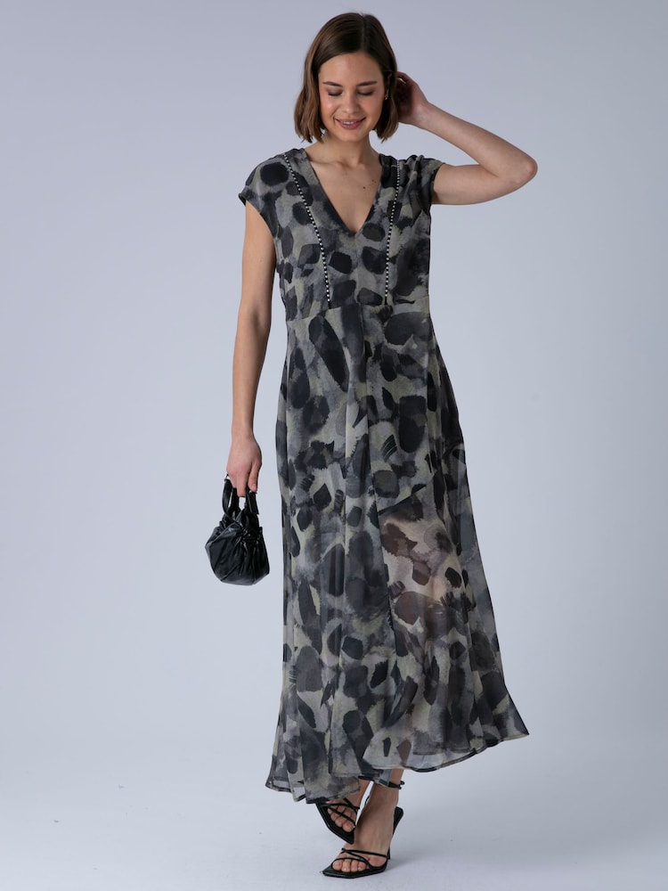 Religion Animal Lilian Maxi V-Neck Occasion Dress With Tie Waist and Stud Neck trim in Ocelot - Image 1 of 7