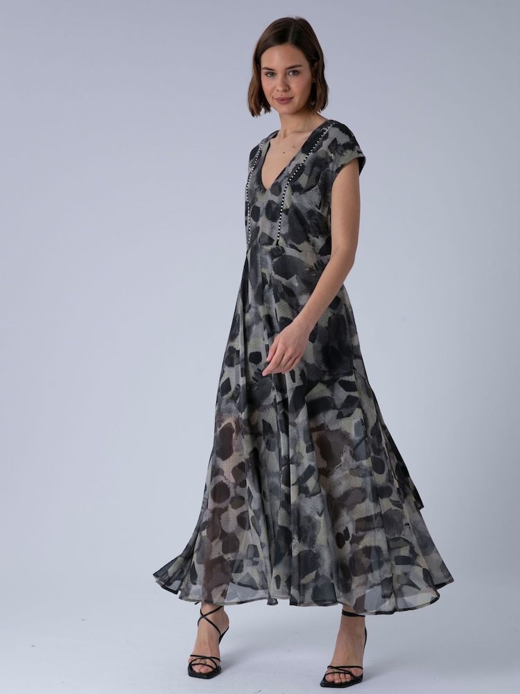 Religion Animal Lilian Maxi V-Neck Occasion Dress With Tie Waist and Stud Neck trim in Ocelot - Image 2 of 7