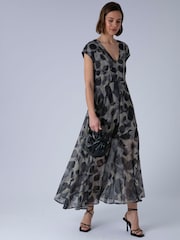 Religion Animal Lilian Maxi V-Neck Occasion Dress With Tie Waist and Stud Neck trim in Ocelot - Image 3 of 7
