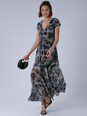 Religion Animal Lilian Maxi V-Neck Occasion Dress With Tie Waist and Stud Neck trim in Ocelot - Image 6 of 7
