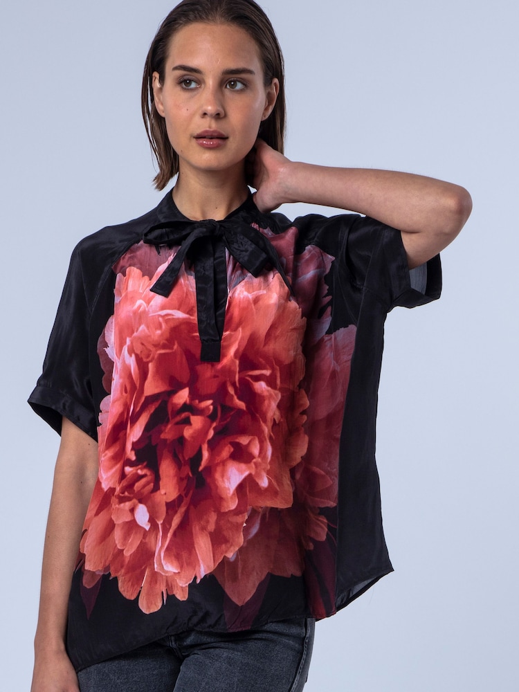 Religion Pink Taylor Loose Blouse With Floral Placement Print And Neck Tie With Skull Charms - Image 1 of 8