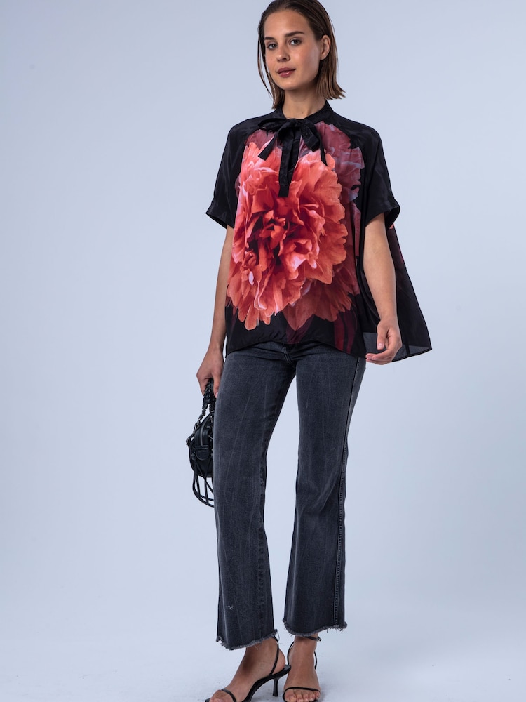 Religion Pink Taylor Loose Blouse With Floral Placement Print And Neck Tie With Skull Charms - Image 2 of 8