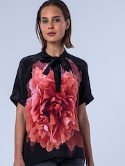 Religion Pink Taylor Loose Blouse With Floral Placement Print And Neck Tie With Skull Charms - Image 3 of 8