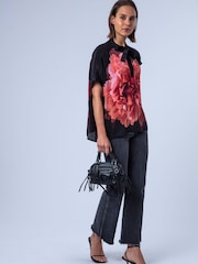Religion Pink Taylor Loose Blouse With Floral Placement Print And Neck Tie With Skull Charms - Image 6 of 8