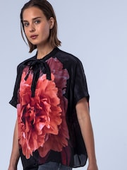 Religion Pink Taylor Loose Blouse With Floral Placement Print And Neck Tie With Skull Charms - Image 7 of 8