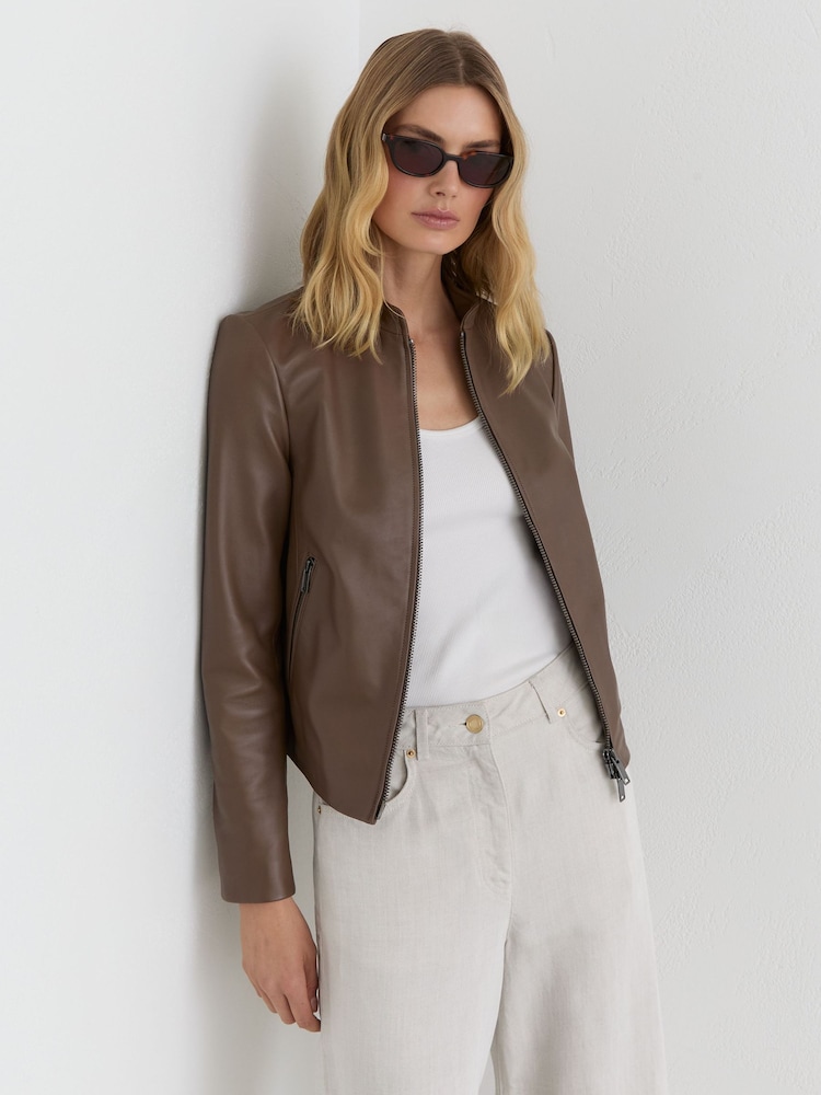 Reiss Taupe Neutral Allie Petite Leather Collarless Biker Jacket - Image 1 of 7 Reiss Taupe Neutral Allie Petite Leather Collarless Biker Jacket - Image 1 of 7