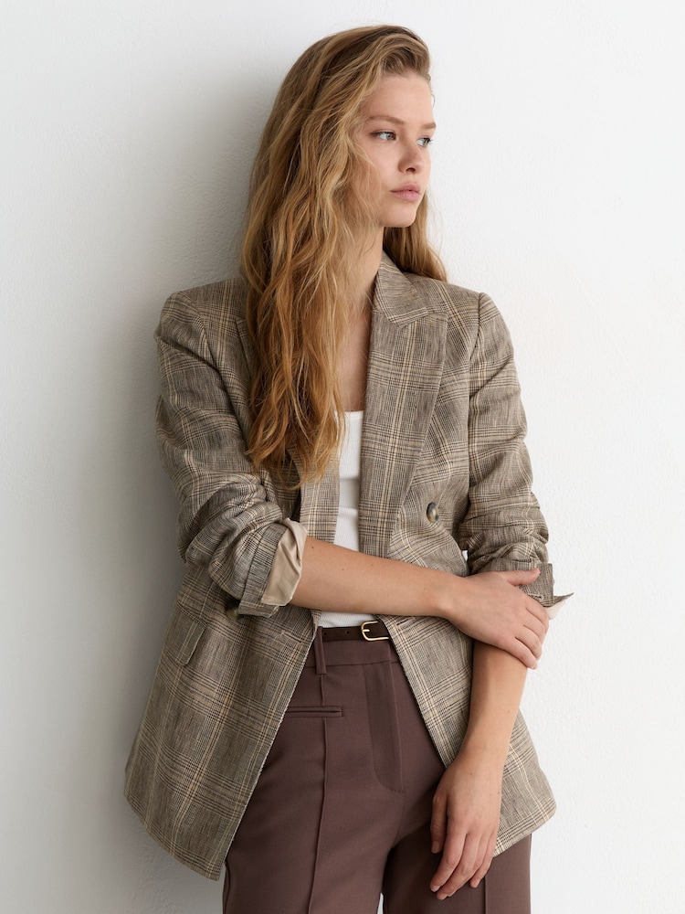 Reiss Neutral Check Sybil Linen Double-Breasted Check Blazer - Image 1 of 5 Reiss Neutral Check Sybil Linen Double-Breasted Check Blazer - Image 1 of 5