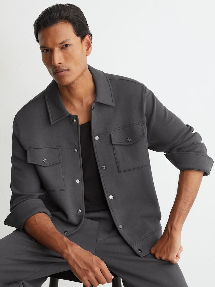 Reiss Charcoal Grey Thom Premium Interlock Twin-Pocket Overshirt - Image 1 of 8 Reiss Charcoal Grey Thom Premium Interlock Twin-Pocket Overshirt - Image 1 of 8