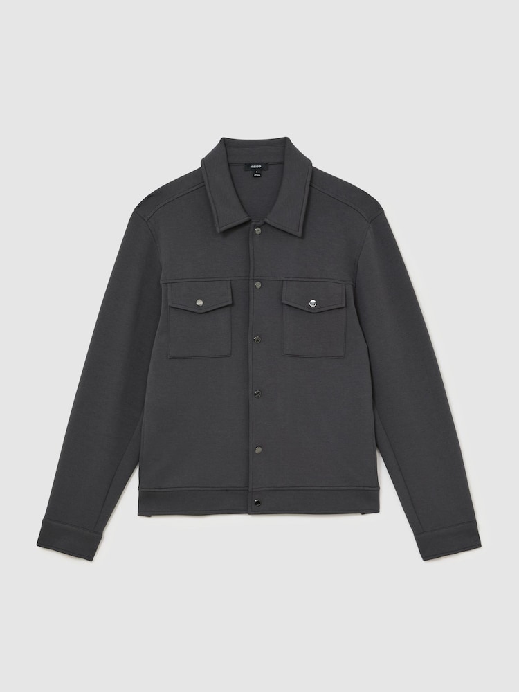Reiss Charcoal Grey Thom Premium Interlock Twin-Pocket Overshirt - Image 2 of 8 Reiss Charcoal Grey Thom Premium Interlock Twin-Pocket Overshirt - Image 2 of 8