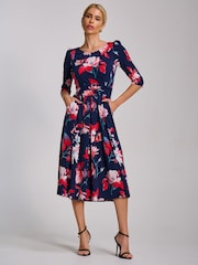 Jolie Moi Blue Sleeve Printed Jersey Midi Dress - Image 1 of 7