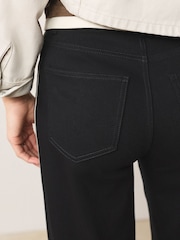 黑色侧条纹 - 平纹牛仔阔腿裤 - 9的图像5｝