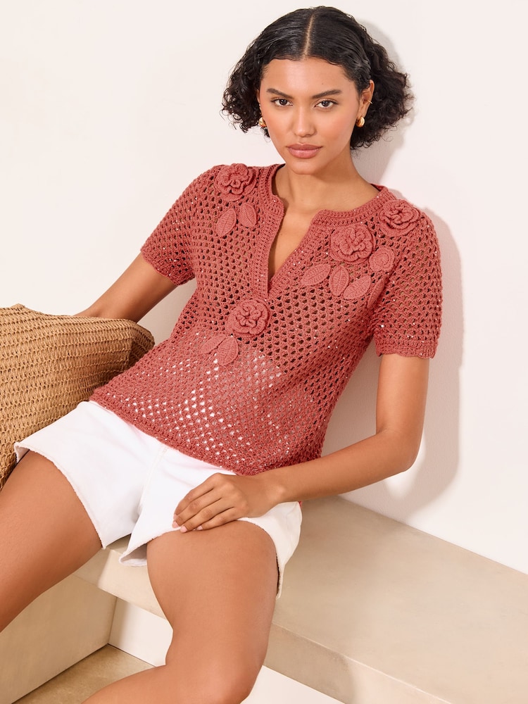 Lipsy Pink 3D Flower Crochet T-Shirt - Image 2 of 4 Lipsy Pink 3D Flower Crochet T-Shirt - Image 2 of 4