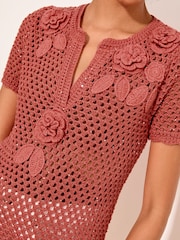 Lipsy Pink 3D Flower Crochet T-Shirt - Image 3 of 4