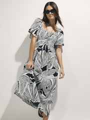 River Island Black Palm Print Puff Sleeve Shirred Midi Dress - Image 1 of 4