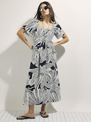 River Island Black Palm Print Puff Sleeve Shirred Midi Dress - Image 3 of 4