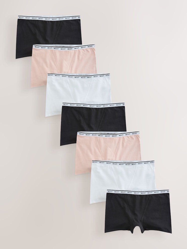Black/White/Pastel Rose Nude Boyshort Cotton Logo Knickers 7 Pack - Image 1 of 6 Black/White/Pastel Rose Nude Boyshort Cotton Logo Knickers 7 Pack - Image 1 of 6