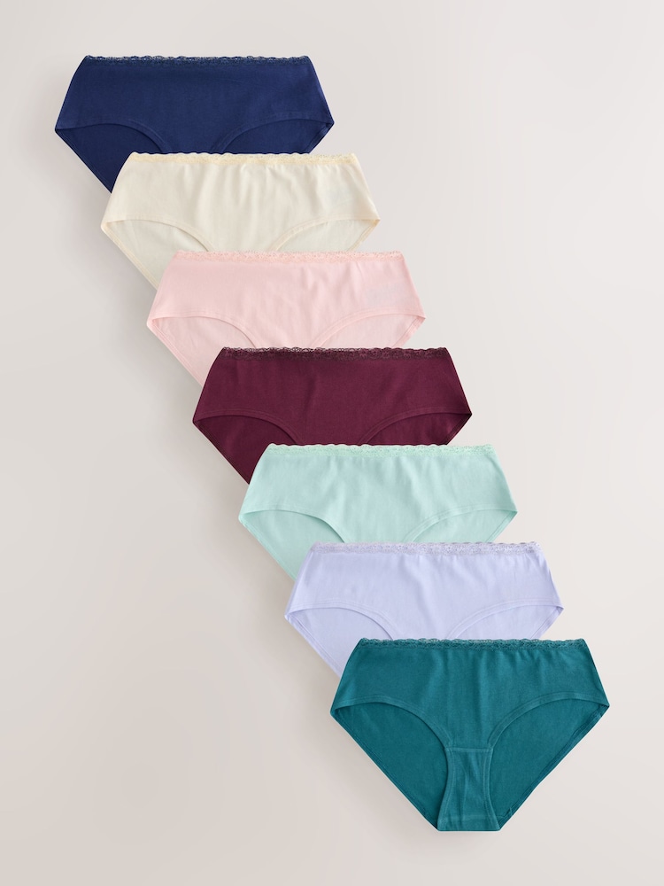 Purple/Green Short Cotton and Lace Knickers 7 Pack - Image 1 of 10