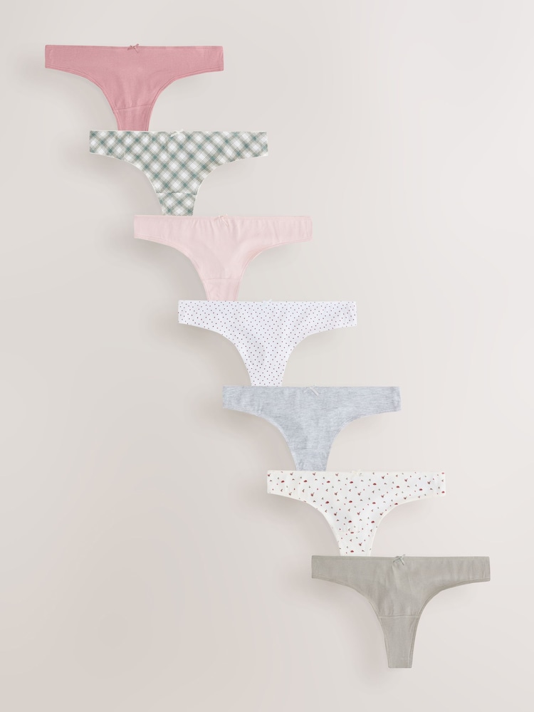Spot & Check Thong Cotton Rich Knickers 7 Pack - Image 1 of 10 Spot & Check Thong Cotton Rich Knickers 7 Pack - Image 1 of 10