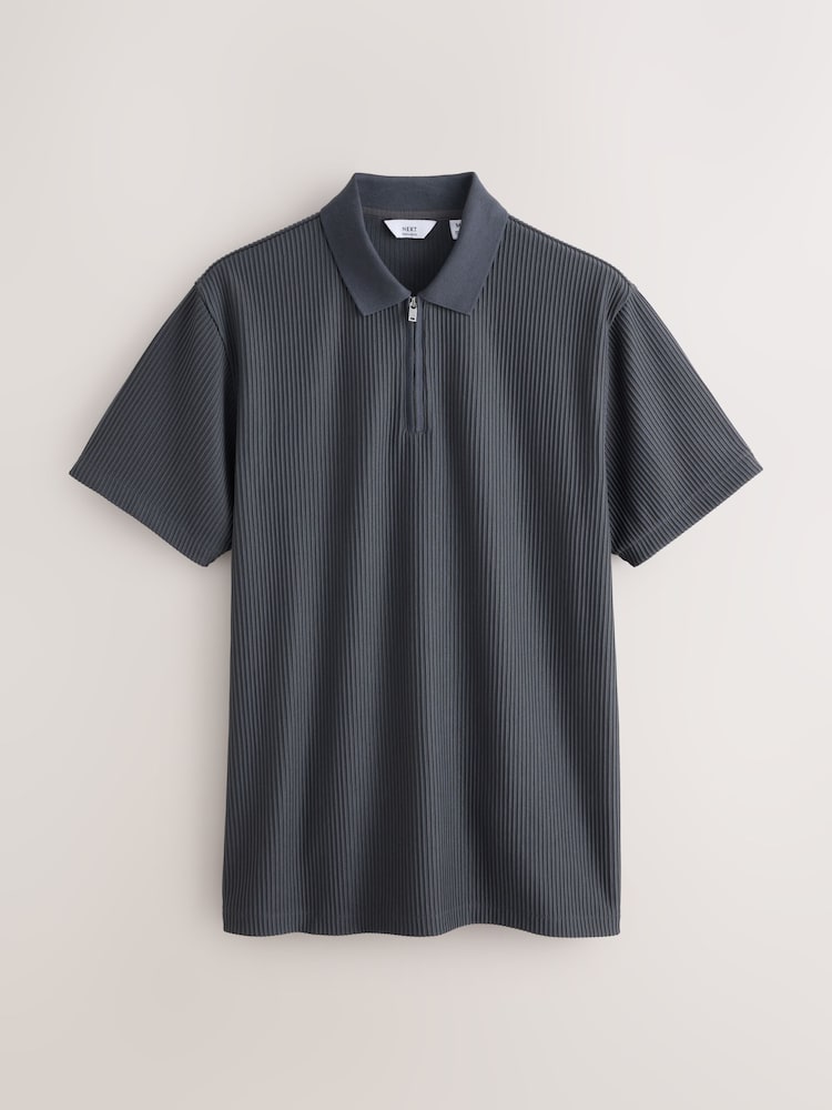 Slate Grey Textured Smart Zip Neck Polo Shirt - Image 1 of 3 Slate Grey Textured Smart Zip Neck Polo Shirt - Image 1 of 3