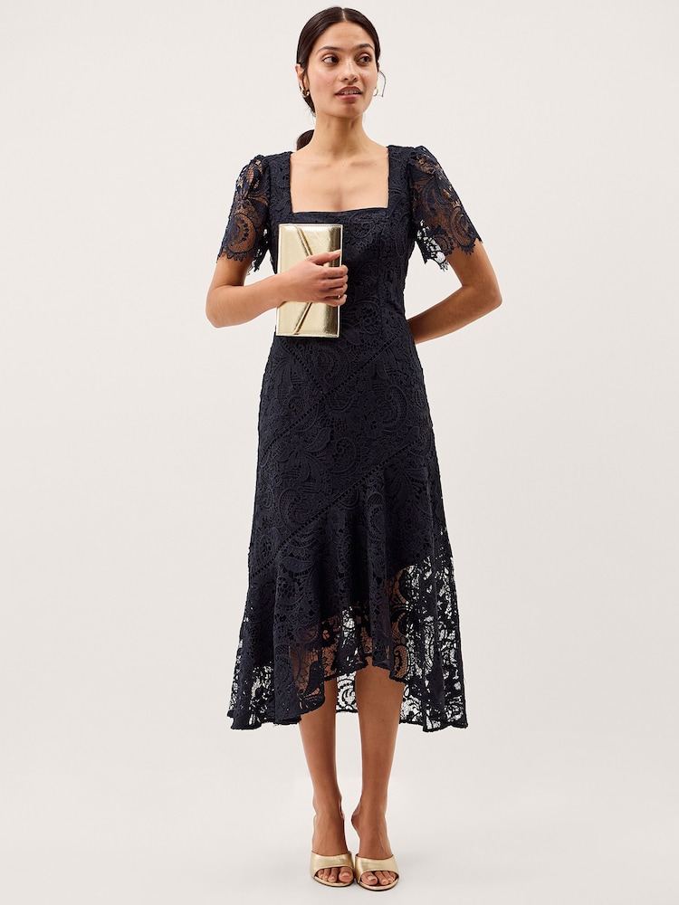 Monsoon Blue Harper Square Neck Lace Midi Dress - Image 1 of 5