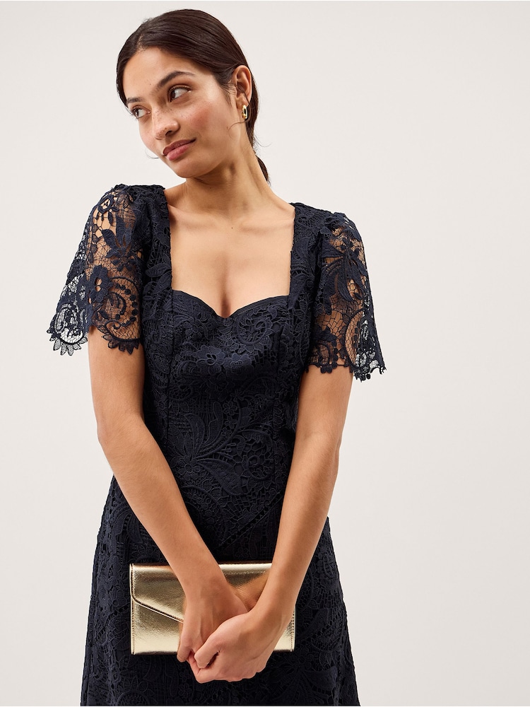 navy blue lace dress short sleeve Navy Blue Lace Short Sleeve Long Formal Dress For Less