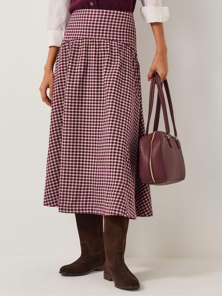 Monsoon Red Agatha Check Drop Waist Midi Skirt - Image 1 of 5
