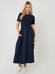 Threadbare Blue 2-in-1 Jersey Poplin Mix Crew Neck Midi Dress - Image 1 of 4