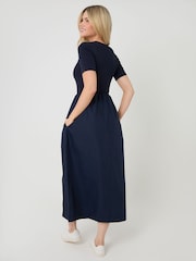 Threadbare Blue 2-in-1 Jersey Poplin Mix Crew Neck Midi Dress - Image 2 of 4