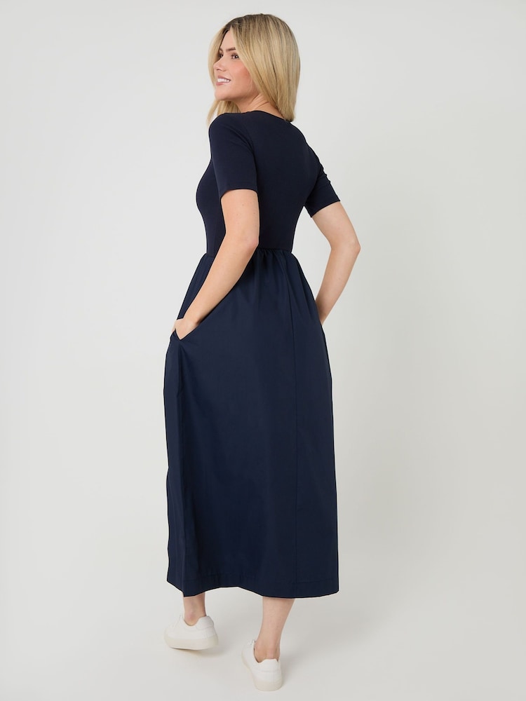 Threadbare Blue 2-in-1 Jersey Poplin Mix Crew Neck Midi Dress - Image 2 of 4