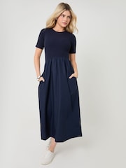 Threadbare Blue 2-in-1 Jersey Poplin Mix Crew Neck Midi Dress - Image 3 of 4