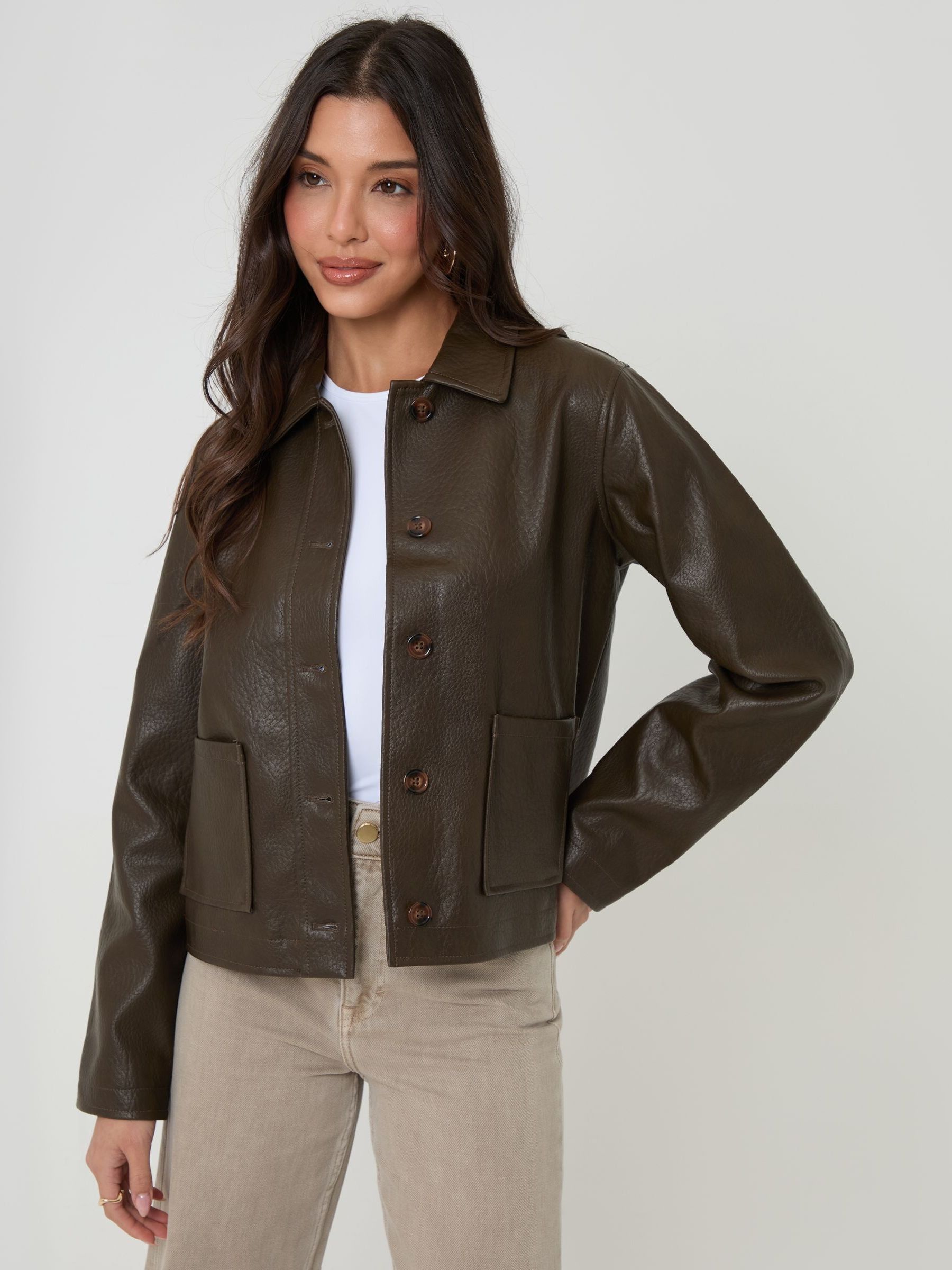 新品未使用Leather Shirts Jacket ダークブラウン38 Buy Threadbare Brown Faux Leather Cropped Button Up Jacket from