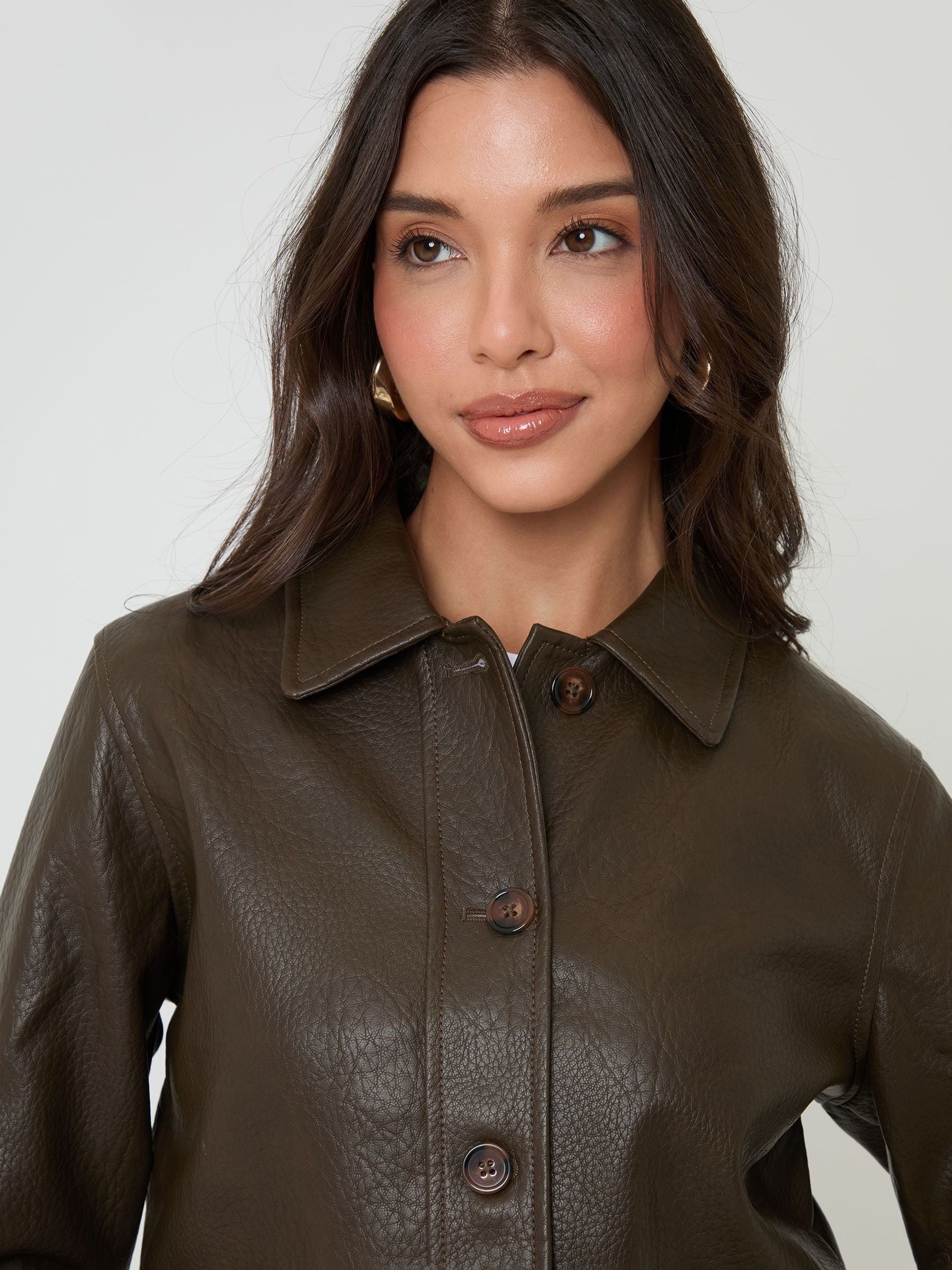 Buy Threadbare Brown Faux Leather Cropped Button Up Jacket from
