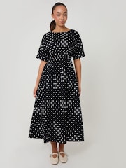Threadbare Black Polka Dot Elasticated Waist Cotton Poplin Midi Dress - Image 1 of 4