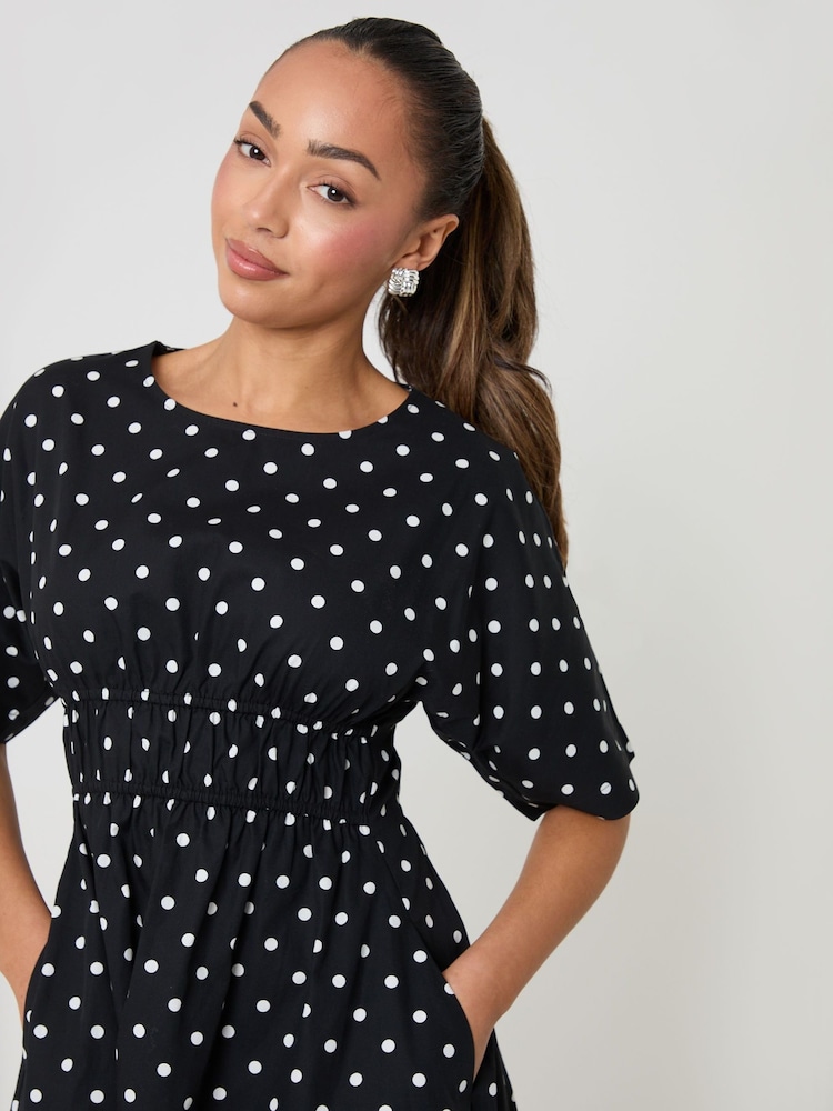 Threadbare Black Polka Dot Elasticated Waist Cotton Poplin Midi Dress - Image 2 of 4 Threadbare Black Polka Dot Elasticated Waist Cotton Poplin Midi Dress - Image 2 of 4