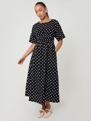 Threadbare Black Polka Dot Elasticated Waist Cotton Poplin Midi Dress - Image 3 of 4