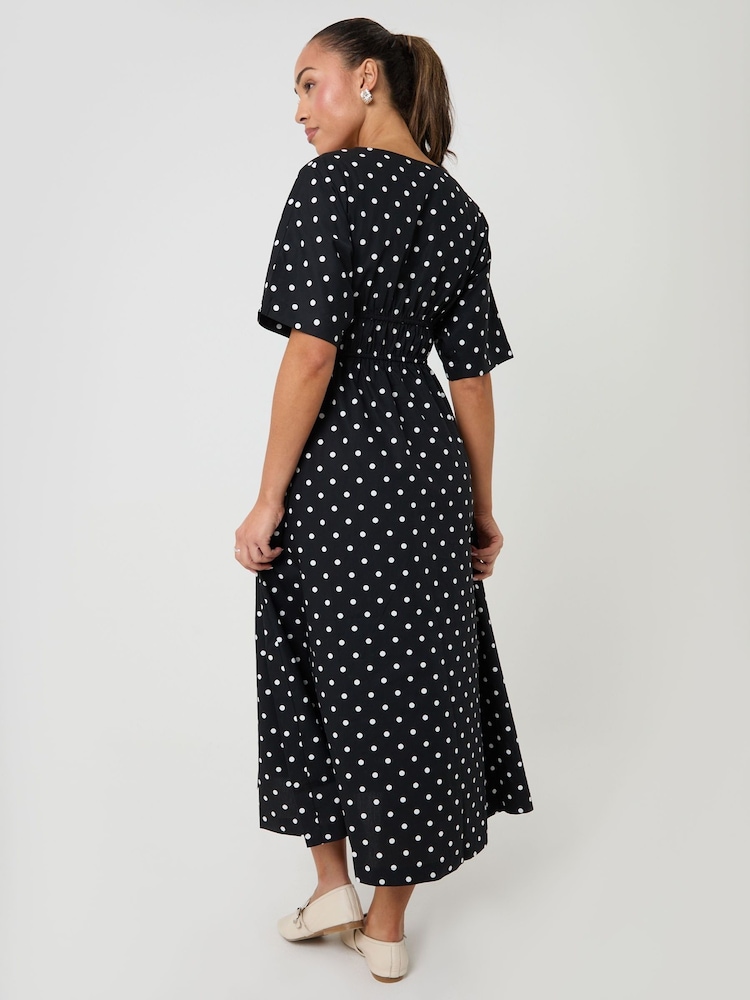 Threadbare Black Polka Dot Elasticated Waist Cotton Poplin Midi Dress - Image 4 of 4 Threadbare Black Polka Dot Elasticated Waist Cotton Poplin Midi Dress - Image 4 of 4