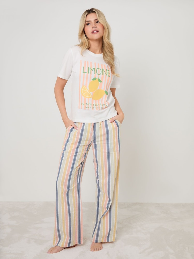 Threadbare Cream Lemonade Graphic Print Cotton Pyjamas Set - Image 1 of 4