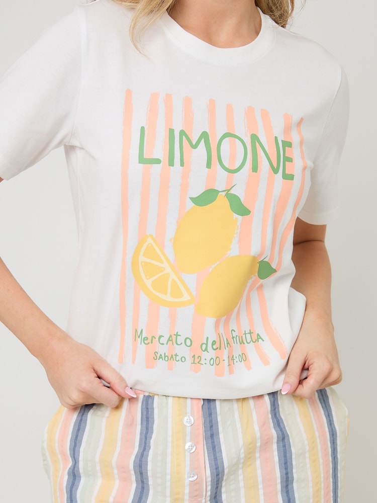 Threadbare Cream Lemonade Graphic Print Cotton Pyjamas Set - Image 2 of 4