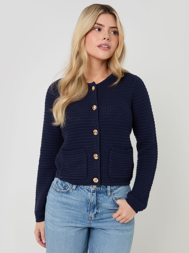 Threadbare Blue Patch Pocket Crew Neck Cardigan - Image 1 of 4