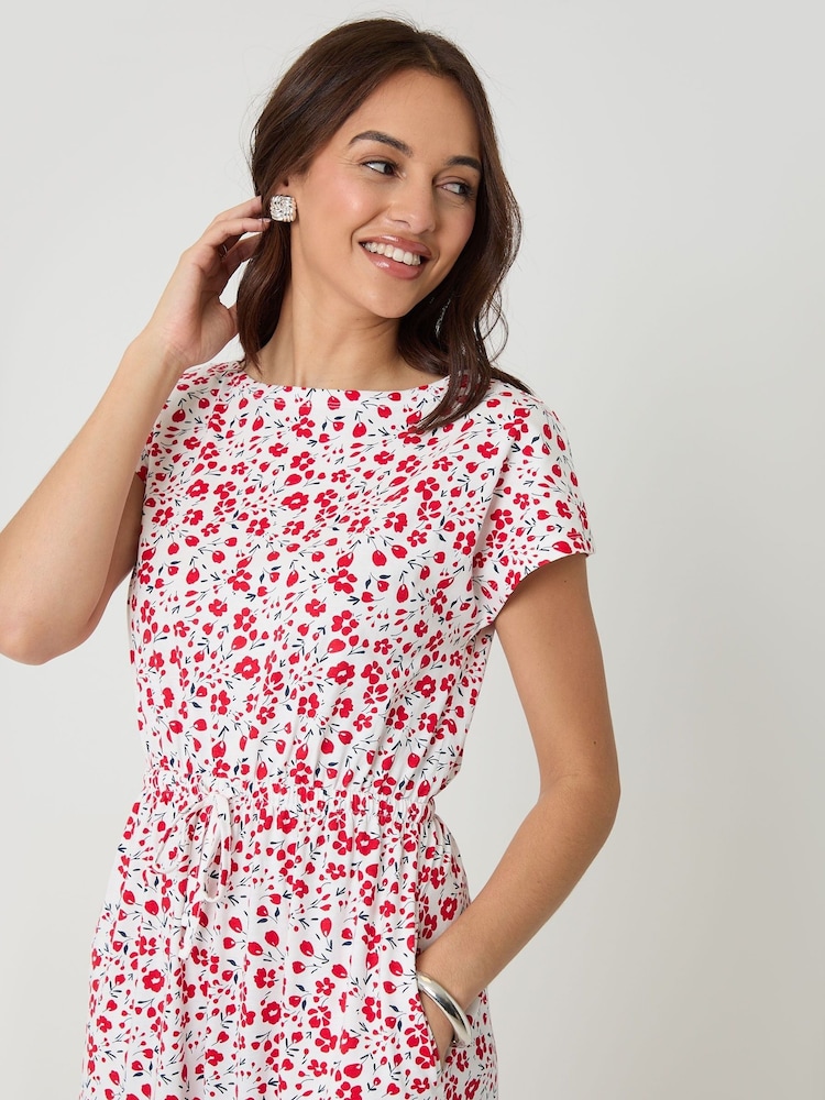 Threadbare Red Drawstring Waist Boat Neck Cotton Jersey Maxi Dress - Image 2 of 5