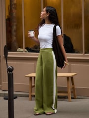 أخضر - Threadbare Side Stripe Linen Blend Wide Leg Trousers - Image 1 of 4