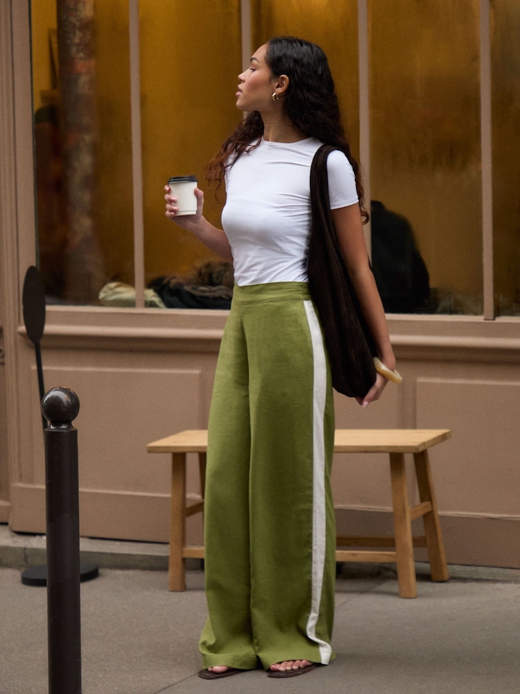 أخضر - Threadbare Side Stripe Linen Blend Wide Leg Trousers - Image 1 of 4