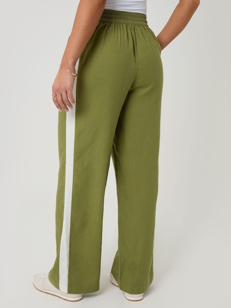 أخضر - Threadbare Side Stripe Linen Blend Wide Leg Trousers - Image 4 of 4