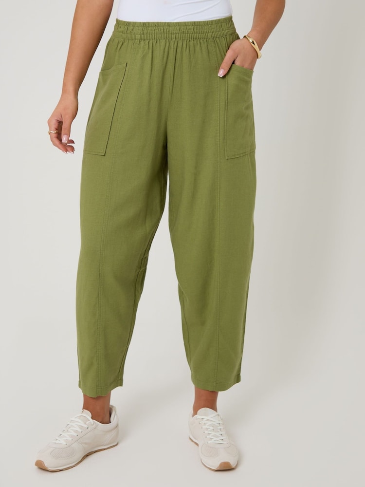 Threadbare Green Linen Blend Pocket Detail Barrel Leg Trousers - Image 1 of 4