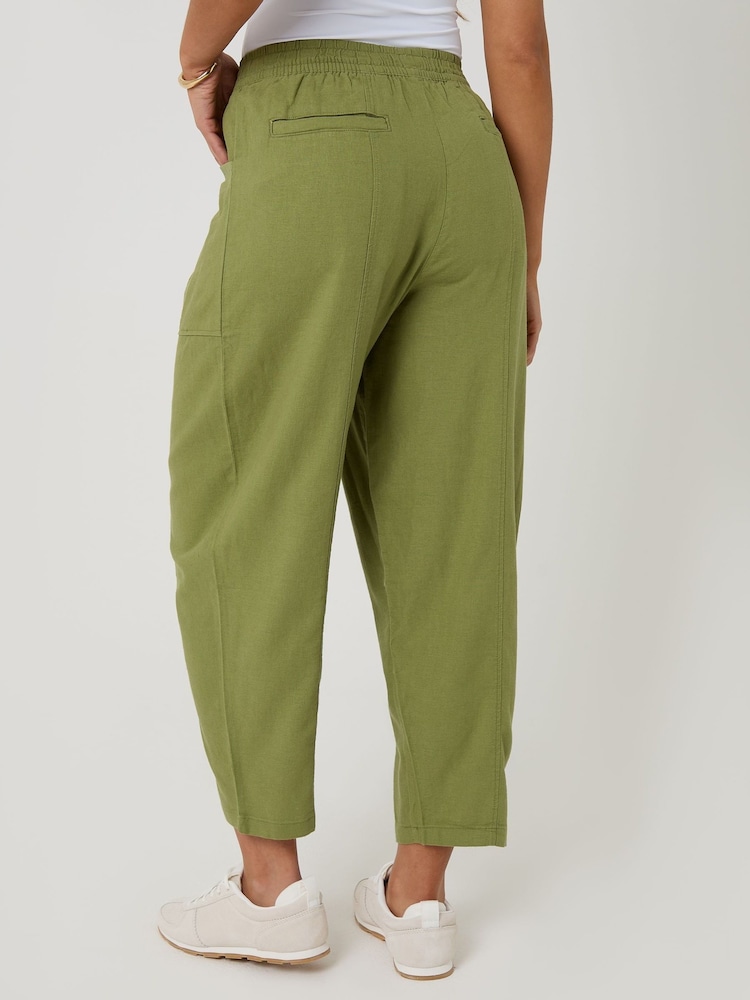 Threadbare Green Linen Blend Pocket Detail Barrel Leg Trousers - Image 2 of 4